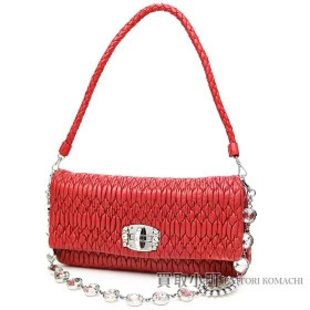 Miu Miu Nappa Crystal Shoulder Bag Red Lambskin Rhinestone Chain Strap Clutch